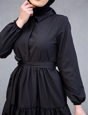 Düğmeli Cotton Elbise-Siyah