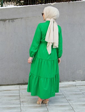 Düğmeli Cotton Elbise-Yeşil